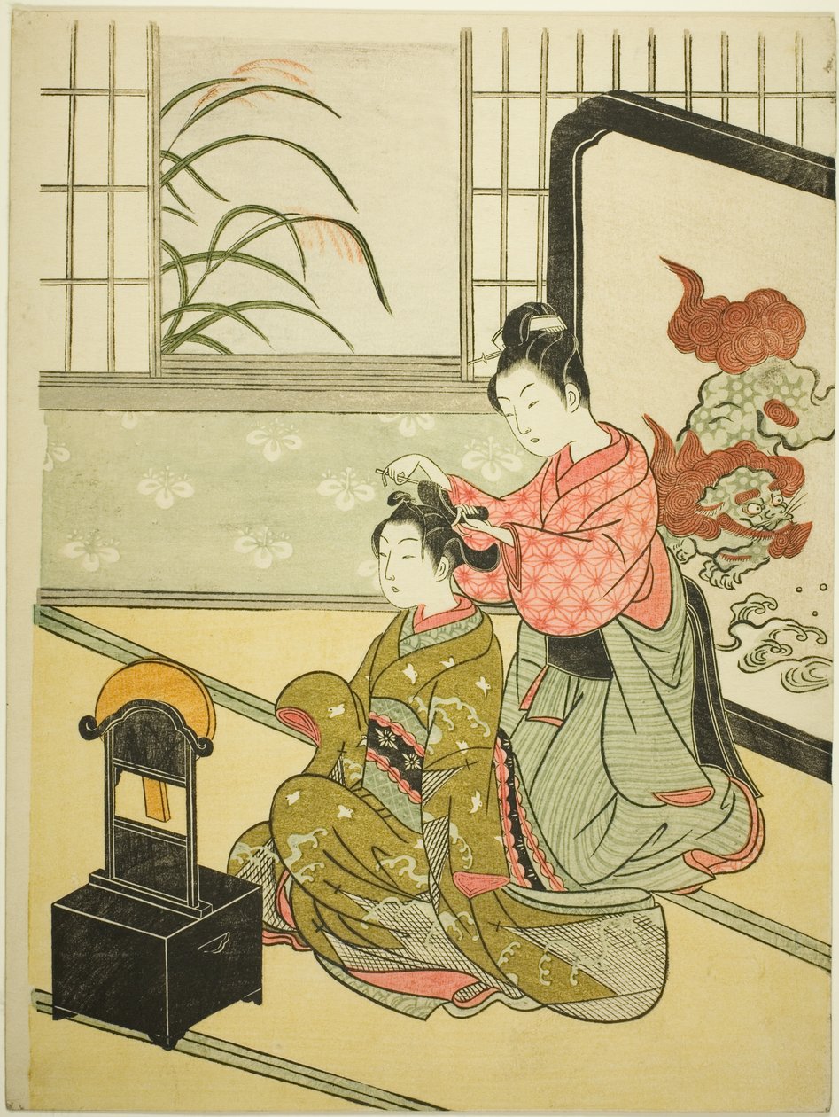 Herbstmond im Spiegel (Kyodai no shugetsu), aus der Serie "Acht Ansichten des Salons (Zashiki hakkei)" von Suzuki Harunobu