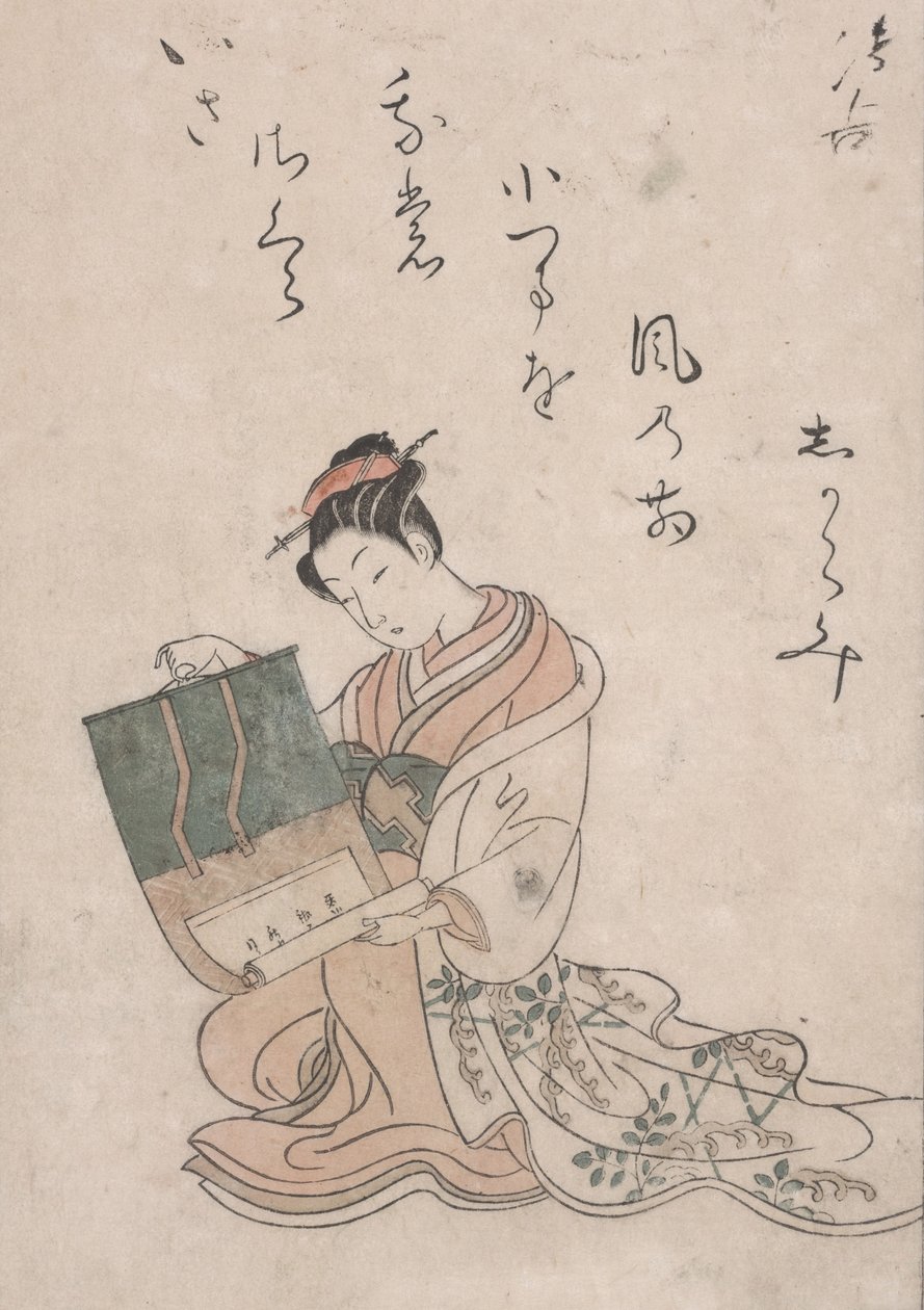Schönheit, die eine Schriftrolle entrollt, ca. 1770 von Suzuki Harunobu