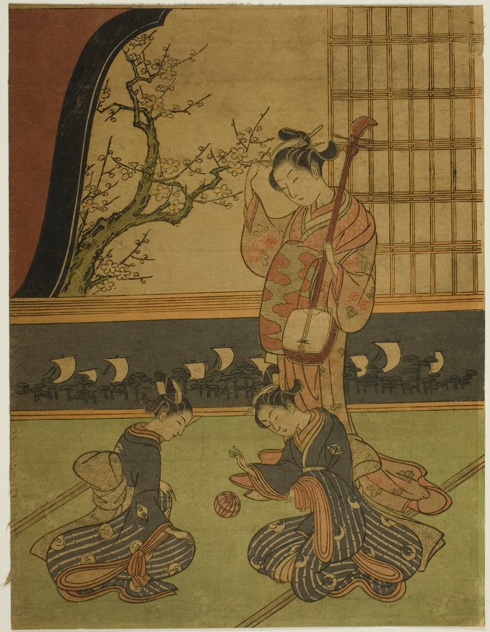 Kurtisane beobachtet ihre Dienerinnen beim Ballspiel von Suzuki Harunobu