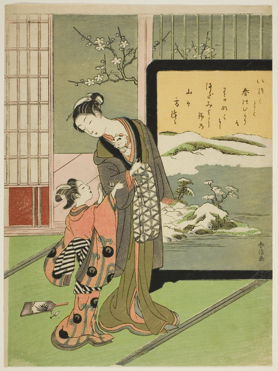 Kurtisane und ihr Kindersklave spielen mit einer Katze von Suzuki Harunobu