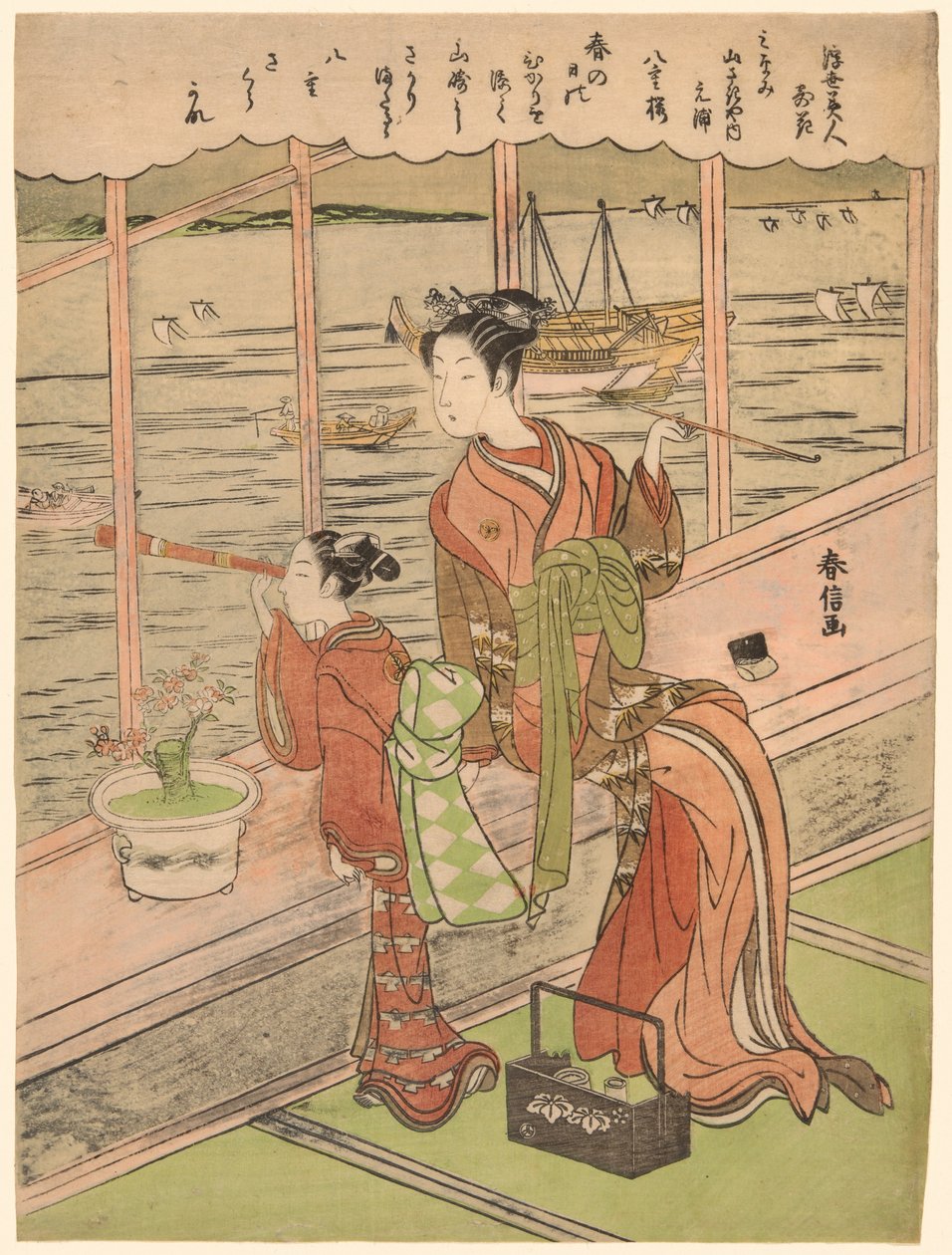 Doppelt blühende Kirsche: Motoura von Minami Yamasakiya (Minami Yamasakiya uchi Motoura, Yaezakura), aus der Serie "Schönheiten der schwebenden Welt im Vergleich zu Blumen (Ukiyo bijin hana ni yosu)" von Suzuki Harunobu