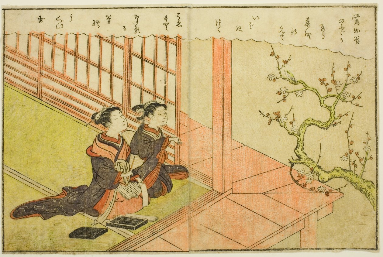 Doppelseitige Illustration aus Bd. 1 von "Bilderbuch der Frühlingsbrokate (Ehon haru no nishiki)" von Suzuki Harunobu