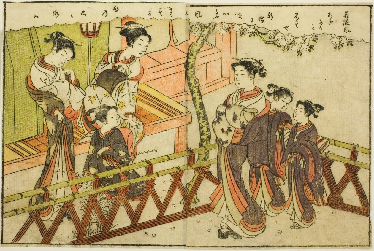 Doppelseitige Illustration aus Bd. 2 von „Bilderbuch der Frühlingsbrokate (Ehon haru no nishiki)“ von Suzuki Harunobu