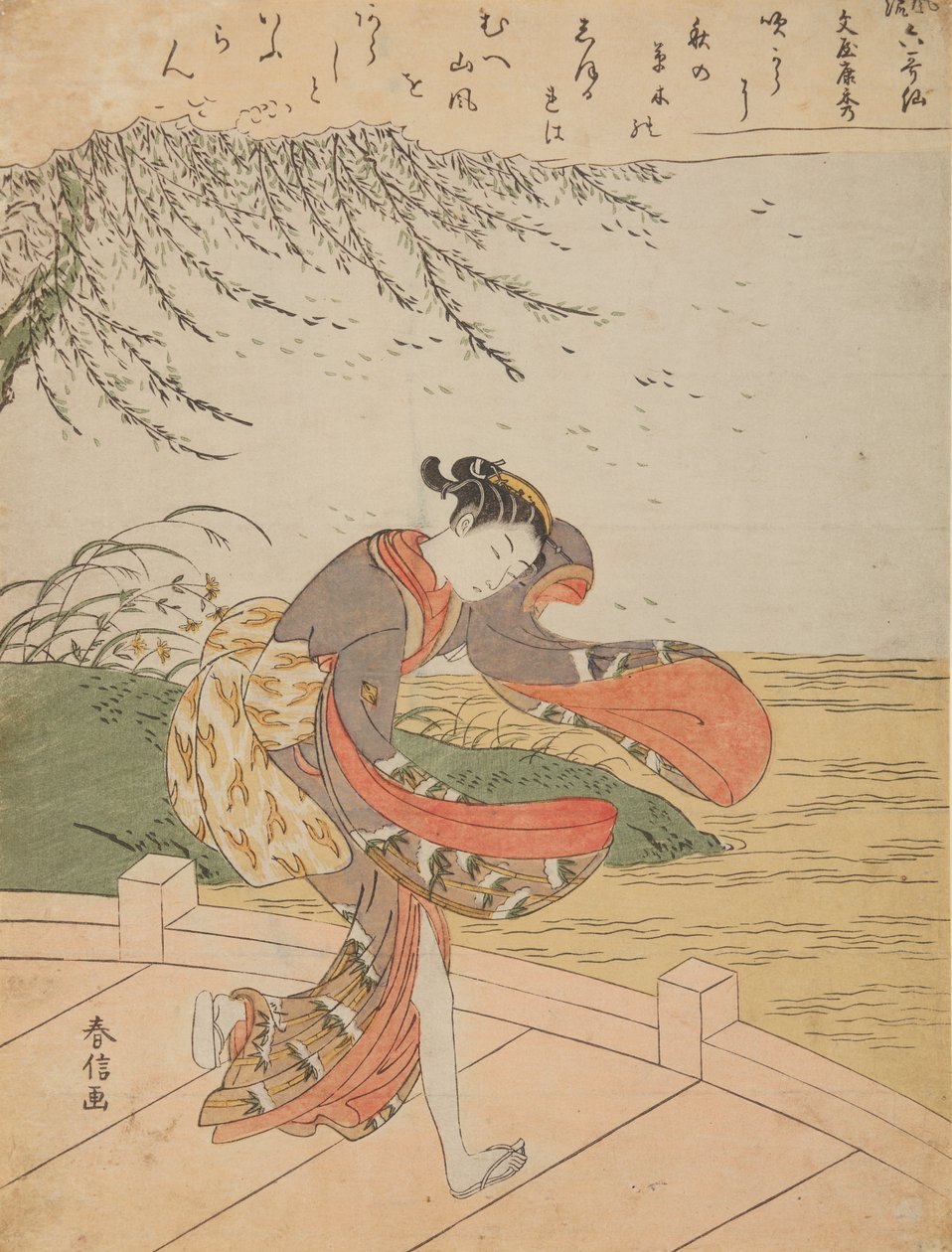 Mädchen auf einer Brücke im Wind, aus der Serie: Parodien auf die sechs unsterblichen Dichter von Suzuki Harunobu