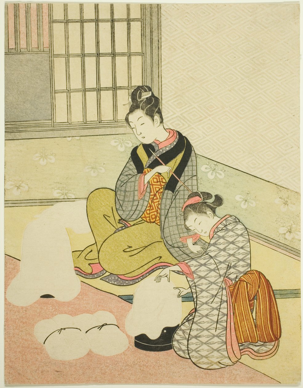 Abendschnee auf einem Flossformer, aus der Serie "Acht Ansichten des Salons" von Suzuki Harunobu