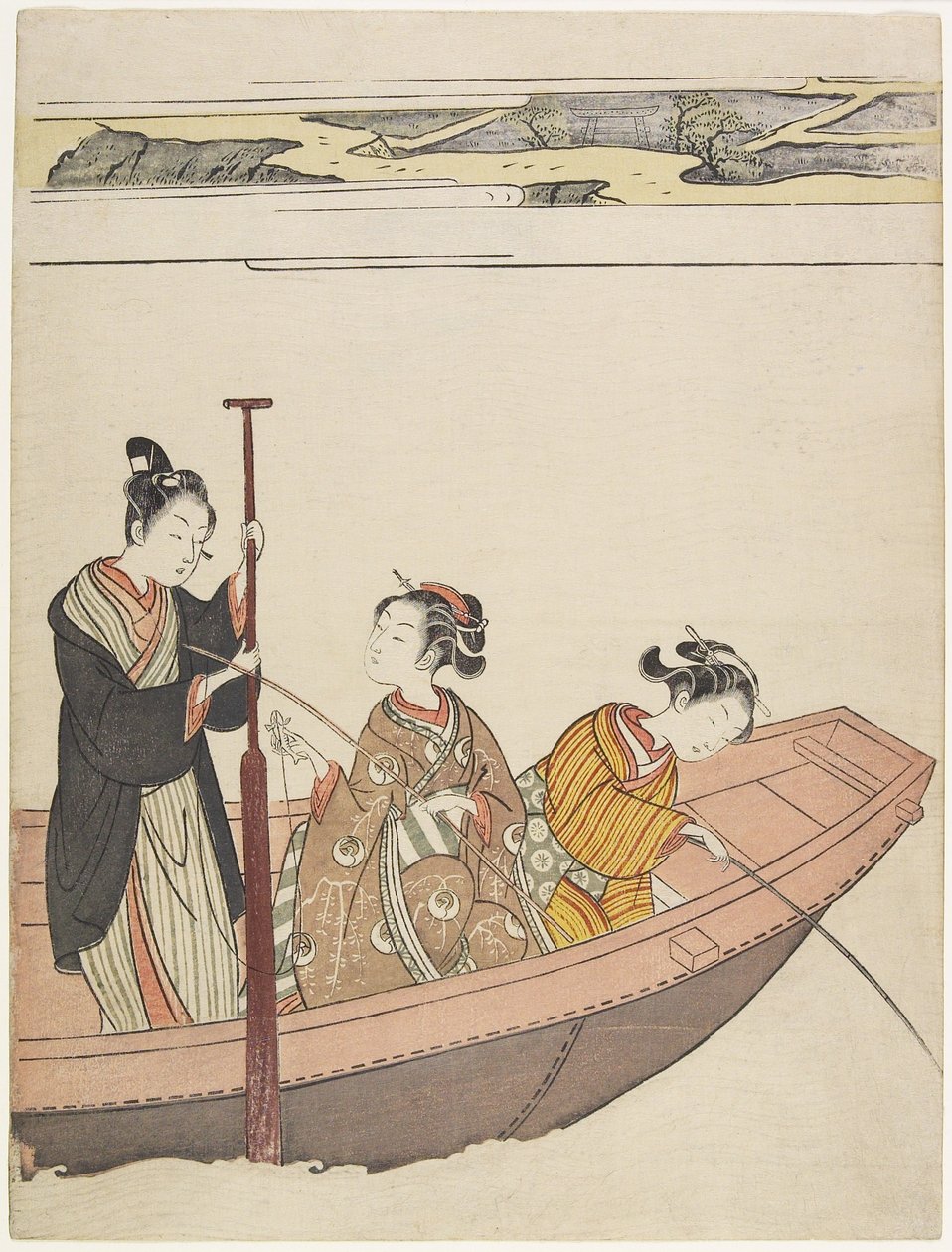 Angeln in der Nähe des Mimeguri-Schreins am Sumida-Fluss, ca. 1767 von Suzuki Harunobu