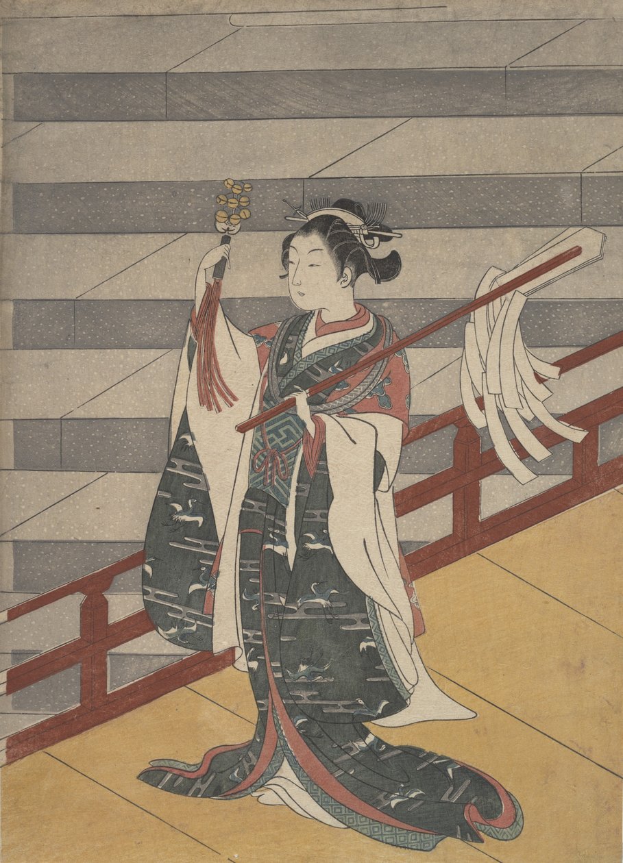 Mädchen auf dem Balkon über Steintreppe von Suzuki Harunobu