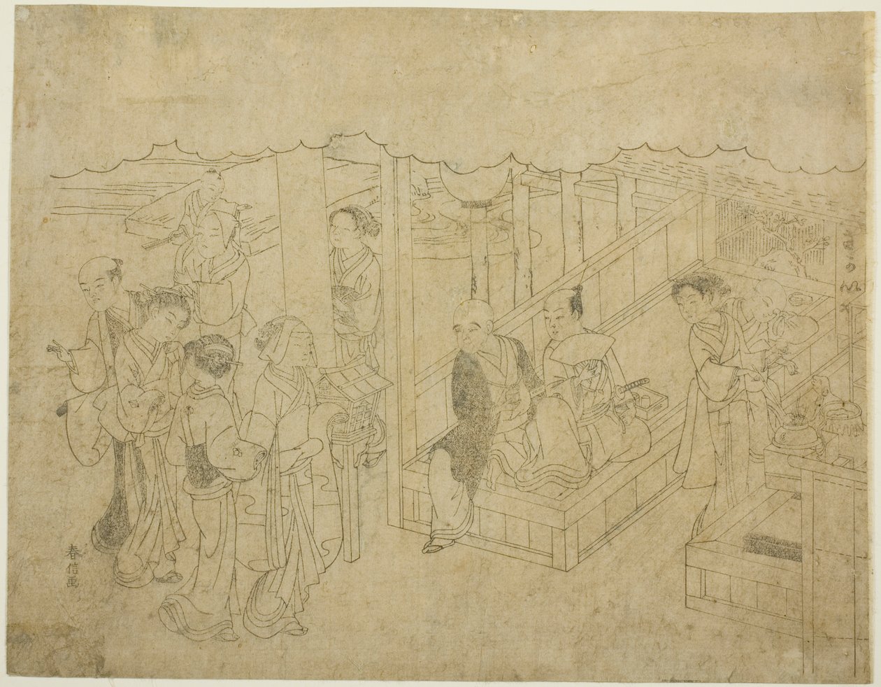 Schlüsselblockdruck für Die Einführung (Miai), das erste Blatt aus der Serie "Ehe in Brokatdrucken, der Wagen der tugendhaften Frau (Konrei nishiki misao-guruma)" von Suzuki Harunobu