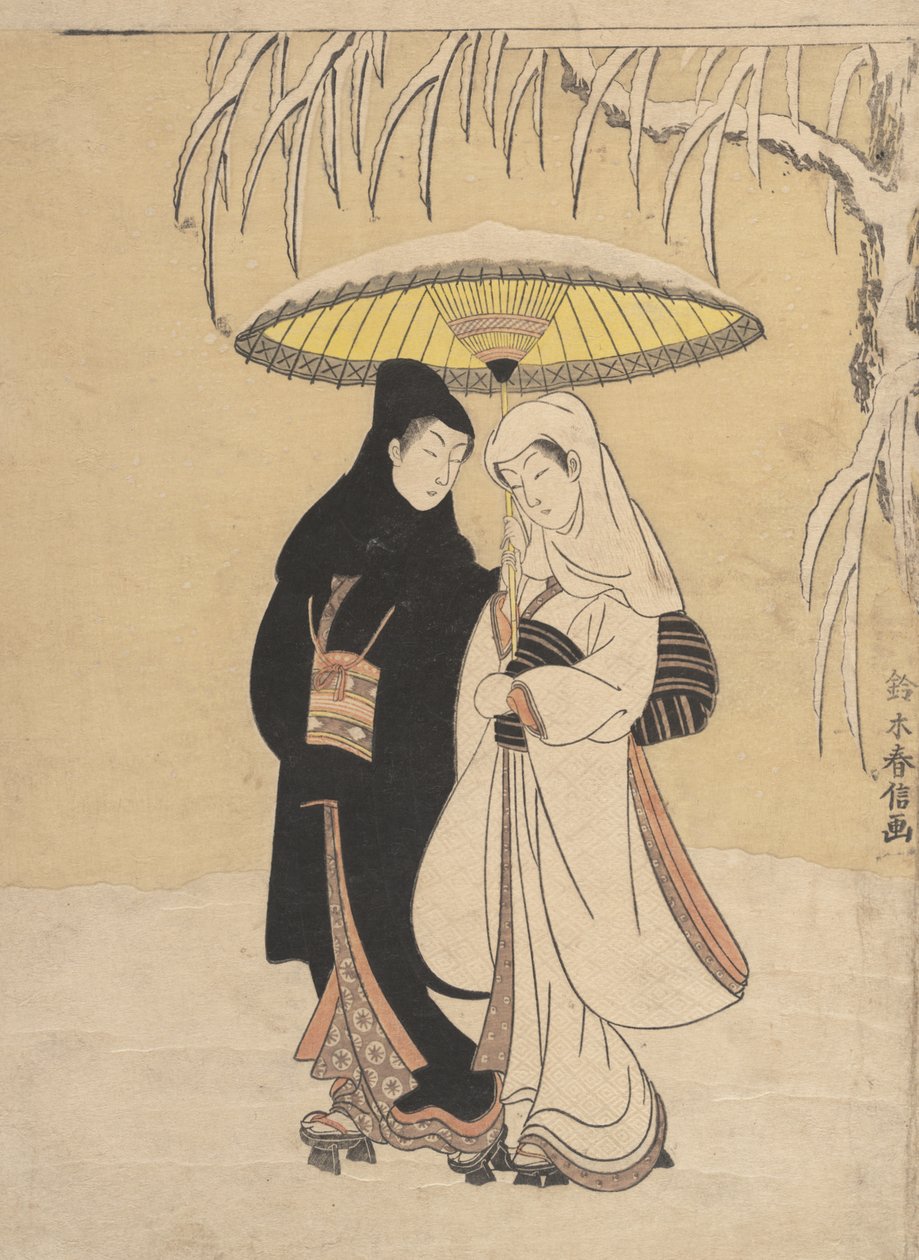 Liebende im Schnee spazierend, Krähe und Reiher, 1764-72 von Suzuki Harunobu