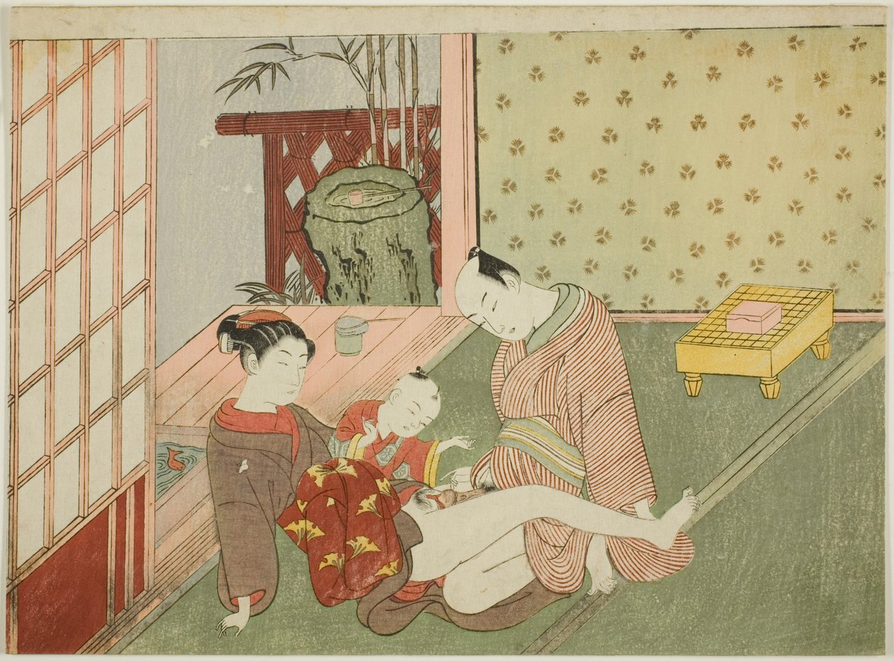 Liebende mit jungem Begleiter, der zuschaut, aus einer unbetitelten Serie erotischer Drucke von Suzuki Harunobu