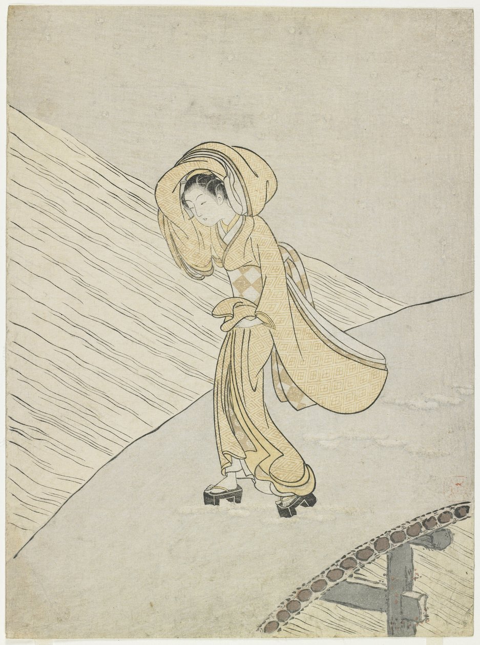 Mitate des Gedichts von Fujiwara no Teika über die Überquerung des Sano, 1765 von Suzuki Harunobu