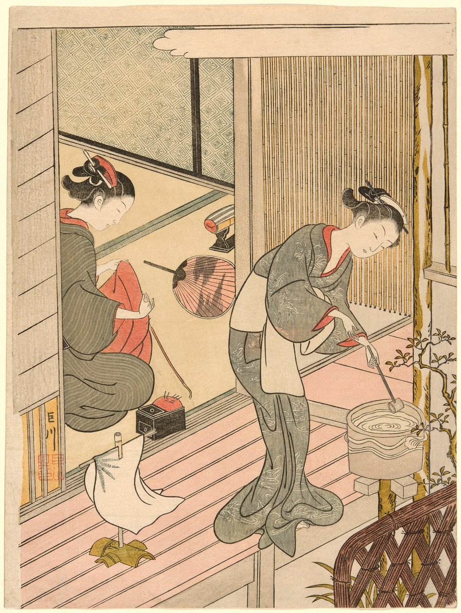 Rückkehrende Segel des Handtuchhalters (Tenugui-kake no kihan), aus der Serie "Acht Ansichten des Salons (Zashiki hakkei)" von Suzuki Harunobu