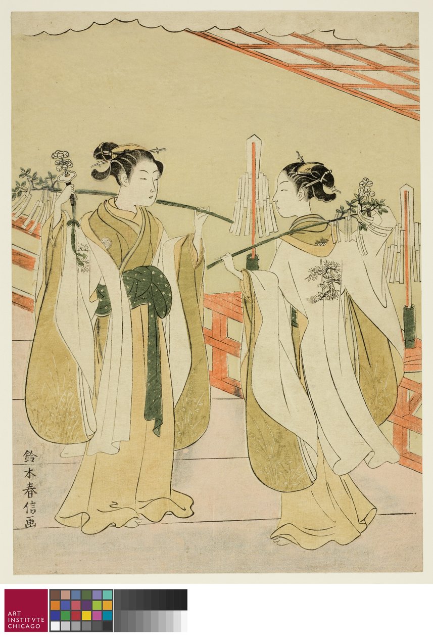 Schrein-Mädchen Onami und Ohatsu tanzen am Yushima Tenjin Schrein, ca. 1769 von Suzuki Harunobu