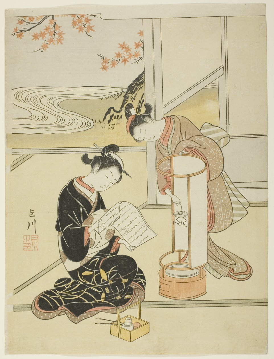 Das Abendglühen einer Lampe (Andon no sekisho), aus der Serie "Acht Ansichten des Salons (Zashiki hakkei)" von Suzuki Harunobu