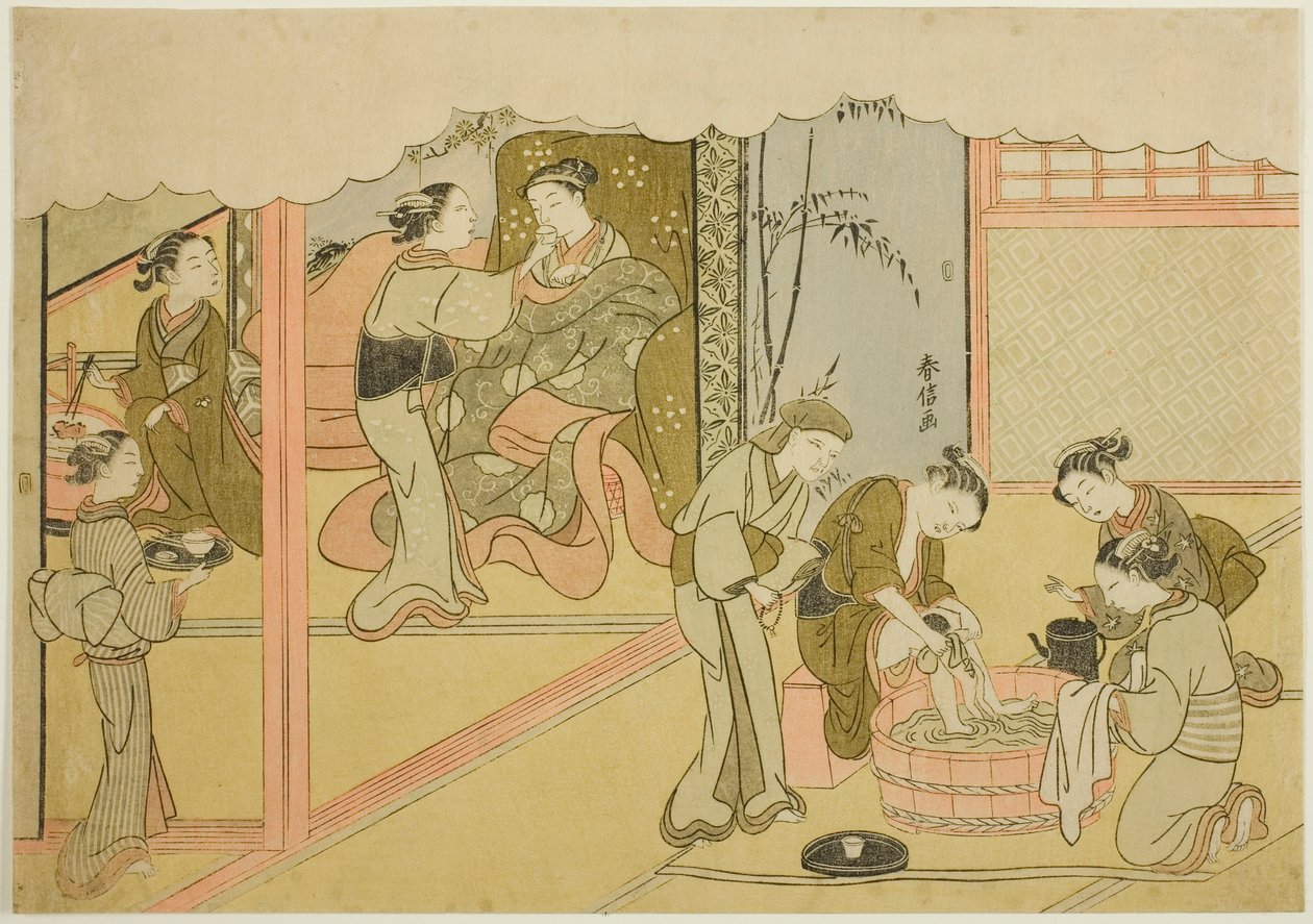 Die erste Geburt (Uizan), das siebte Blatt der Serie "Ehe in Brokatdrucken, der Wagen der tugendhaften Frau (Konrei nishiki misao-guruma)" von Suzuki Harunobu