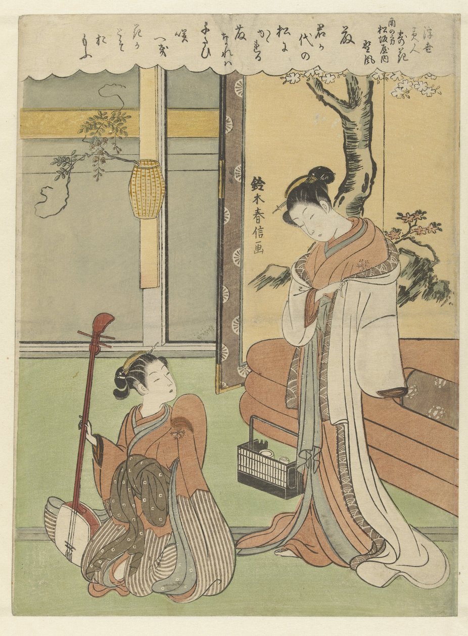 Wisteria: die Kurtisane Nokaze aus dem südlichen Matsuzakaya (Serie: Schönheiten aus der fließenden Welt; Gedichte auf Blumen) von Suzuki Harunobu