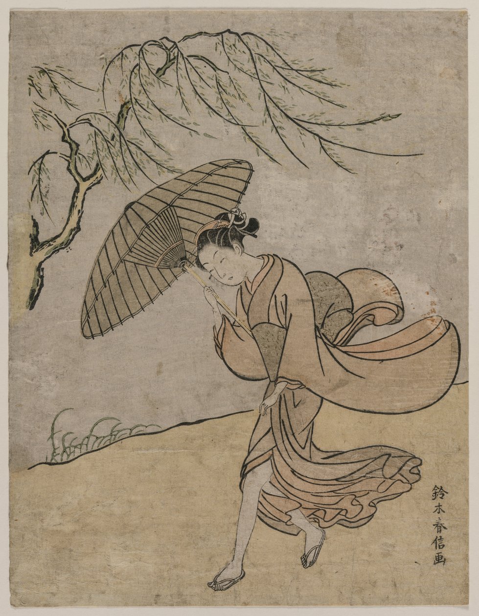 Frau läuft an einer Weide im Wind vorbei, 1766 oder 1767 von Suzuki Harunobu