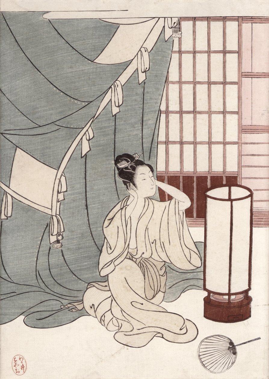 Junge Frau kniet bei ihrem Moskitonetz, 1766 von Suzuki Harunobu
