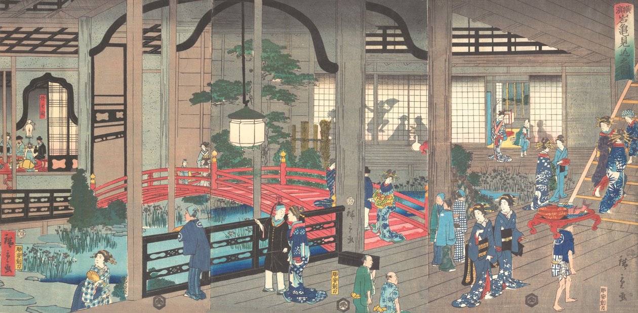 Das Innere des Gankiro-Teehauses in Yokohama, April 1861 von Suzuki Hiroshige