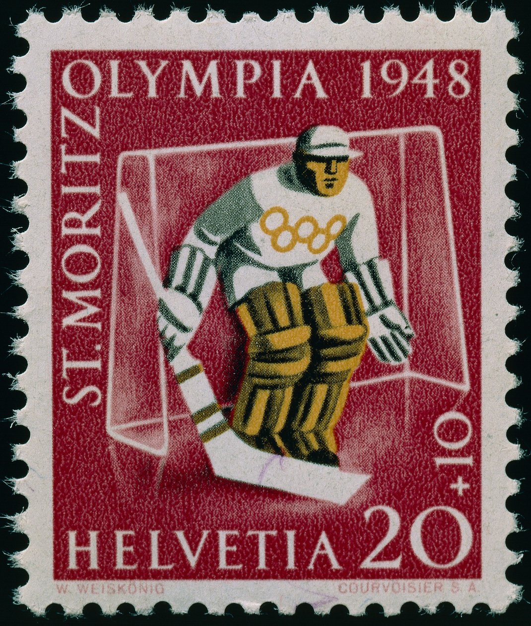 Briefmarke zur Erinnerung an die Olympischen Winterspiele 1948 von Swiss School