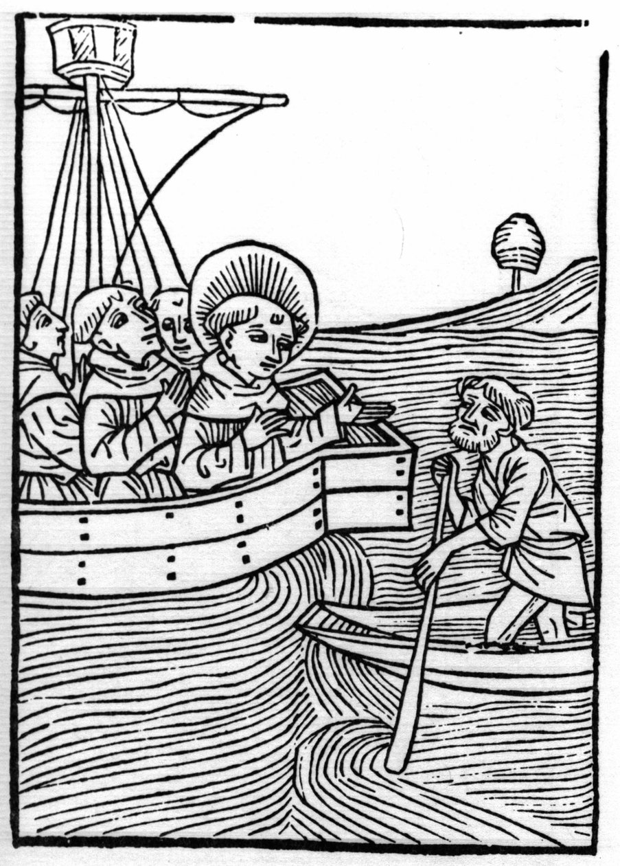 Die Legende von Sankt Brendan (Brandan), Held und irischer Heiliger des 6. Jahrhunderts: Brüder treffen einen Zwerg am Ende der Welt. Gravur aus „Die Wunderbare Meerfahrt des Hl. Brandan.“ Basel von Swiss School