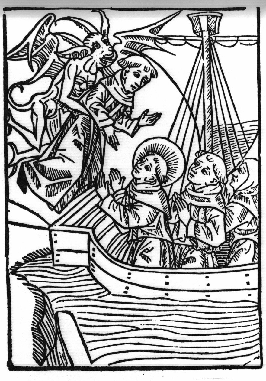 Die Legende von Sankt Brendan (Brandan), Held und irischer Heiliger des 6. Jahrhunderts. Das Gebet des Heiligen Brandan rettet den sündigen Mönch. Gravur aus „Die Wunderbare Meerfahrt des Hl. Brandan“. Basel von Swiss School