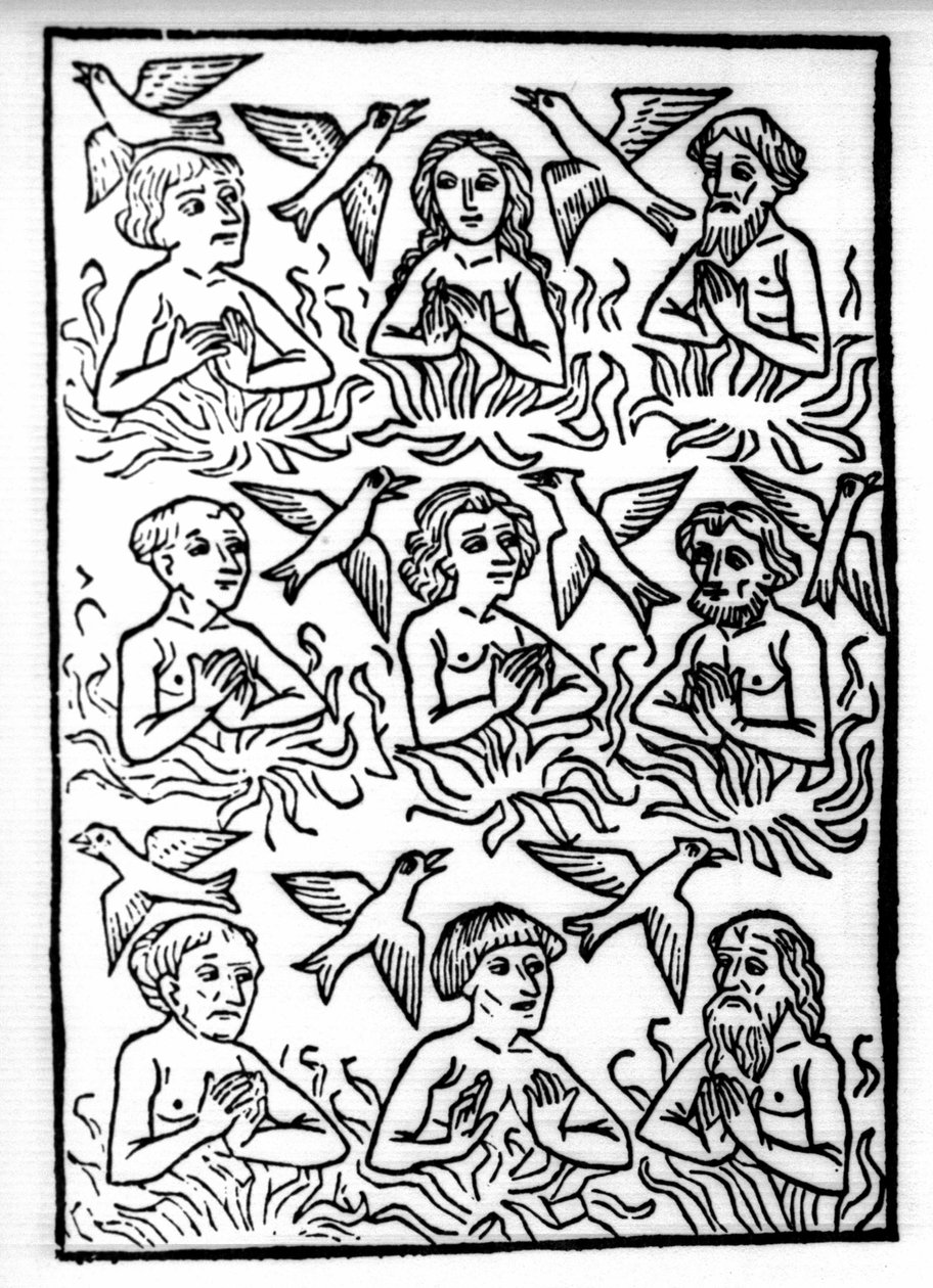 Die Legende von Sankt Brendan (Brandan), Held und irischer Heiliger des 6. Jahrhunderts: Die Feuer des Fegefeuers und die Feuer Vögel. Gravur aus „Die Wunderbare Meerfahrt des Hl. Brandan“. Basel von Swiss School