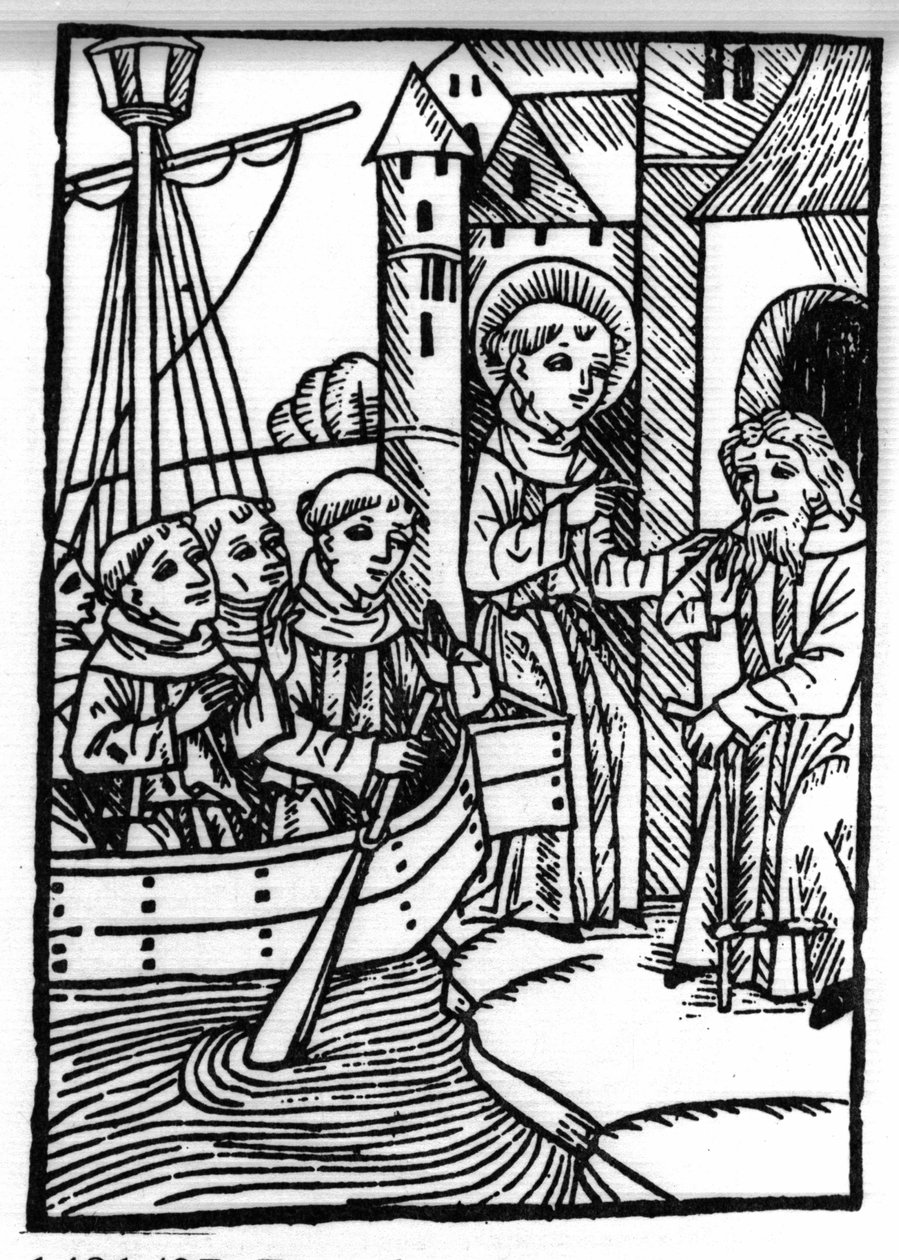 Die Legende von Sankt Brendan, Held und irischer Heiliger des 6. Jahrhunderts. Der Heilige trifft den ehemaligen Haylbray und versteht, dass er nach Schottland zurückgekehrt ist. Gravur aus 