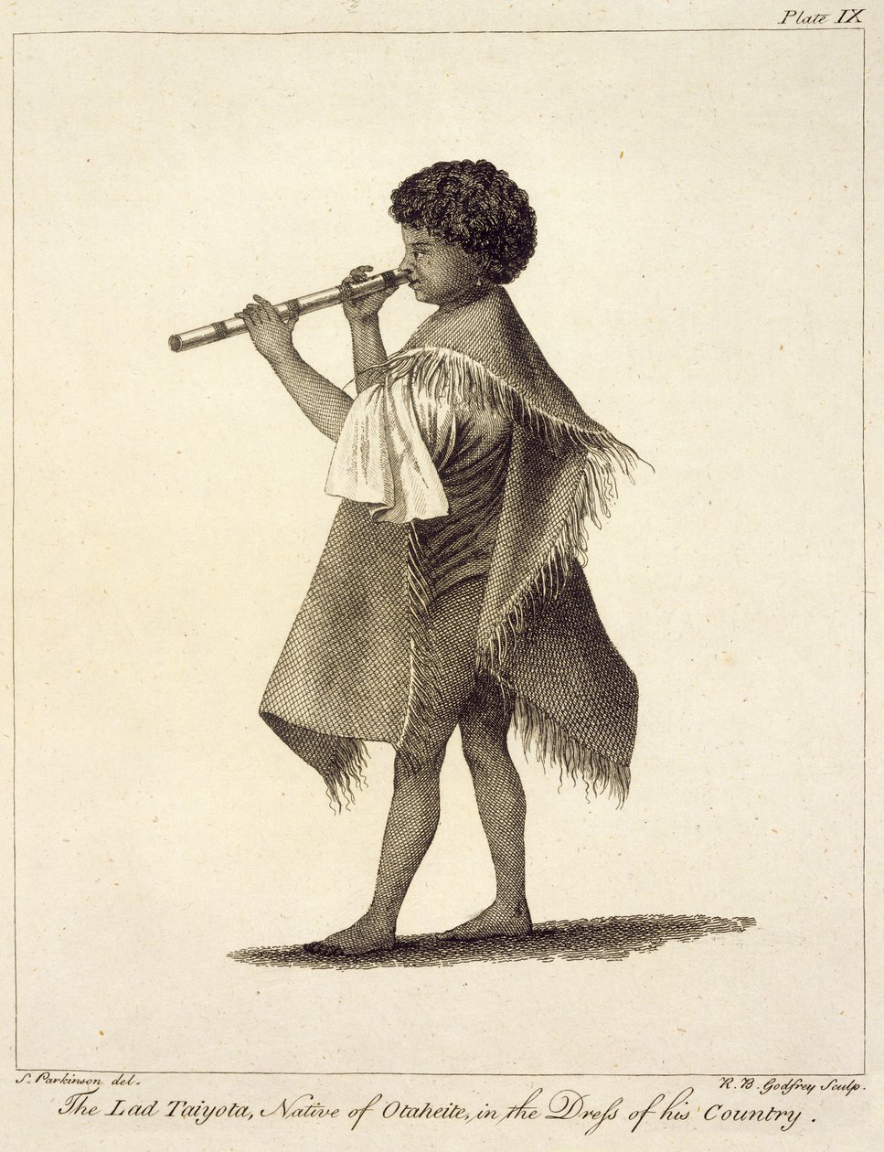 Der Junge Taiyota, Eingeborener von Otaheite, in der Tracht seines Landes, graviert von R.B. Godfrey, Platte 9 aus 