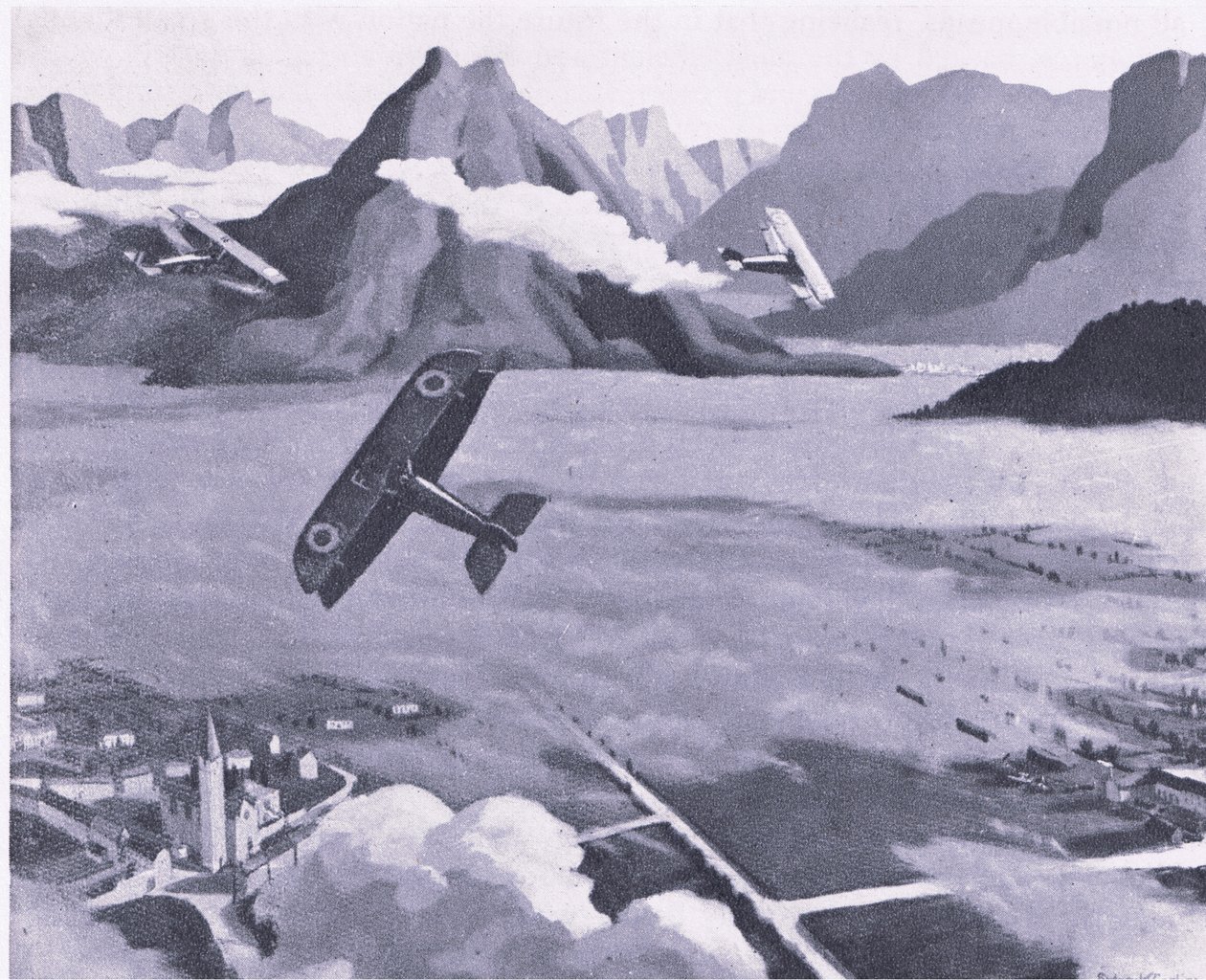 Britische Pfadfinder verlassen ihren Flugplatz auf Patrouille über das Asiago-Plateau, Italien, aus British Adventure, veröffentlicht von Collins, 1947 von Sydney Carline