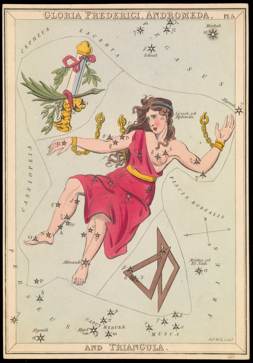Gloria Frederich, Andromeda und Triangula, ca. 1825 (Karte, Papier, Gewebe) von Sydney Hall