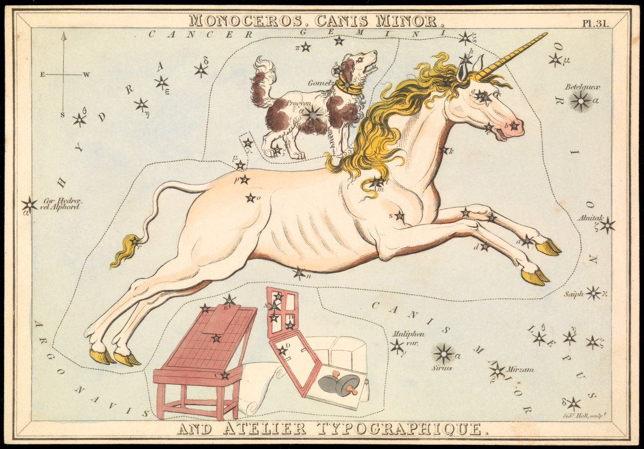Monoceros, Canis Minor und Atelier Typographique, um 1825 von Sydney Hall