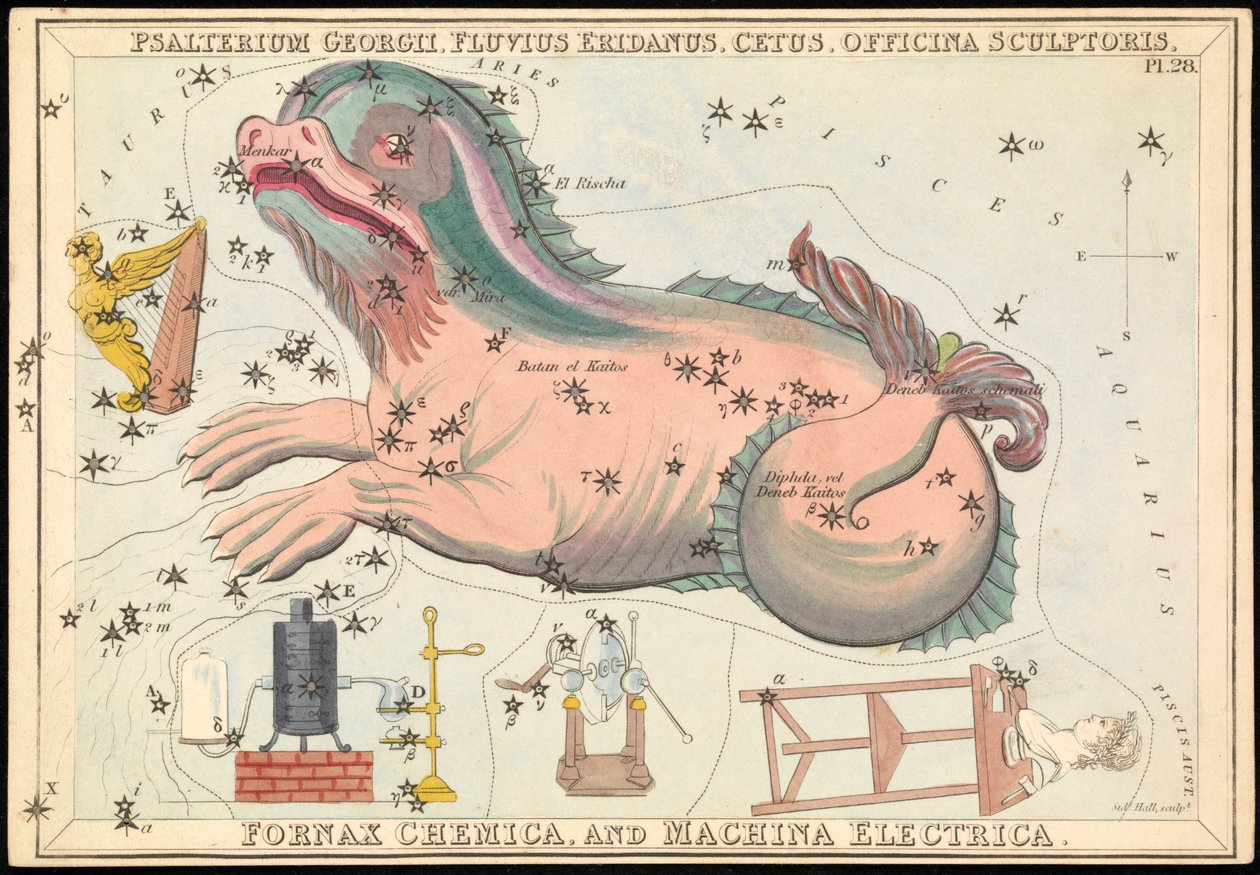 Psalterium Georgii, Fluvius Eridanus, Cetus, Officina Sculptories, Fornax Chemica und Machina Electrica, ca. 1825 von Sydney Hall