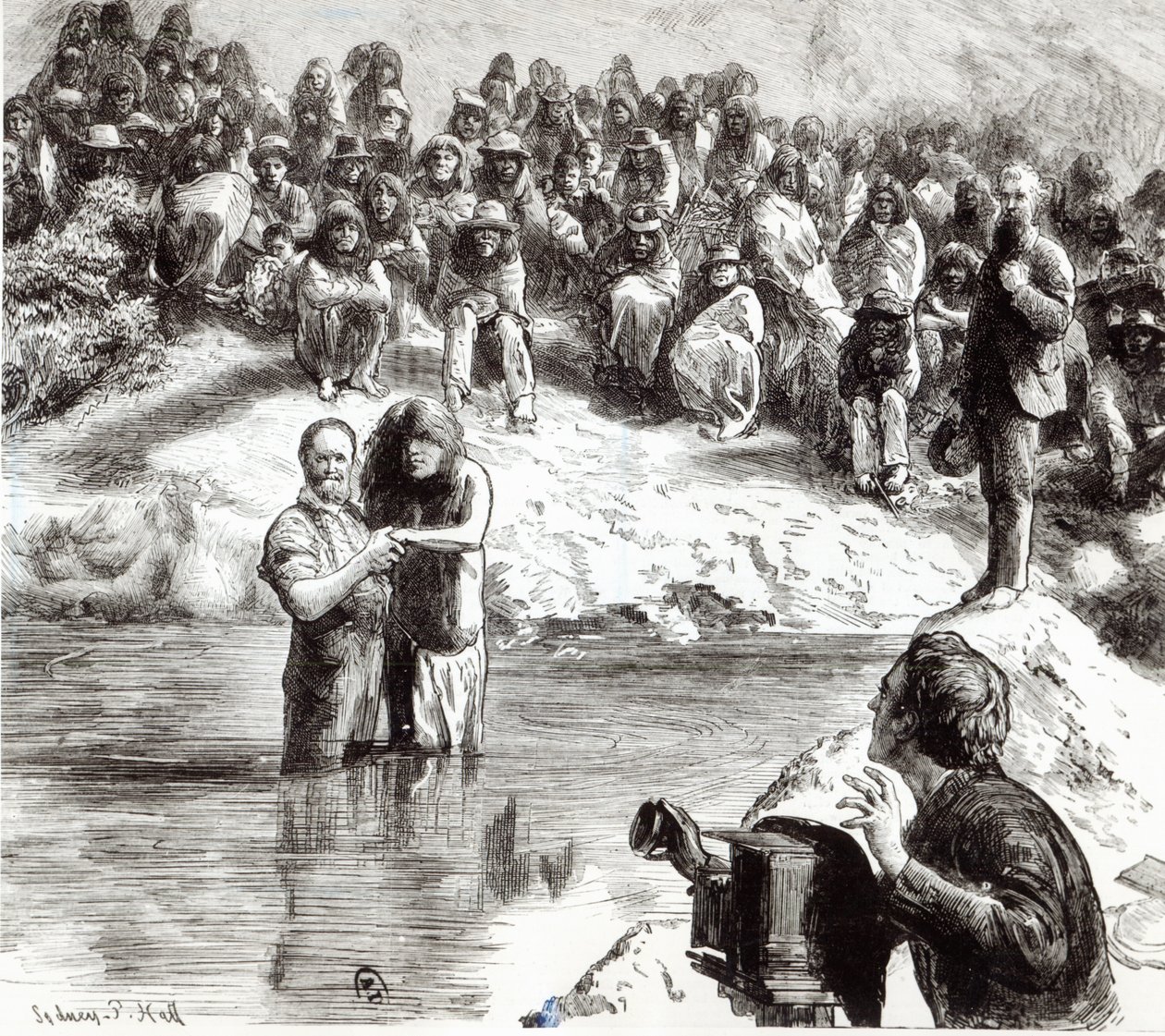 Eine Taufe nordamerikanischer Indianer - Mormonen posieren als Apostel Christi, 1892 von Sydney Prior Hall