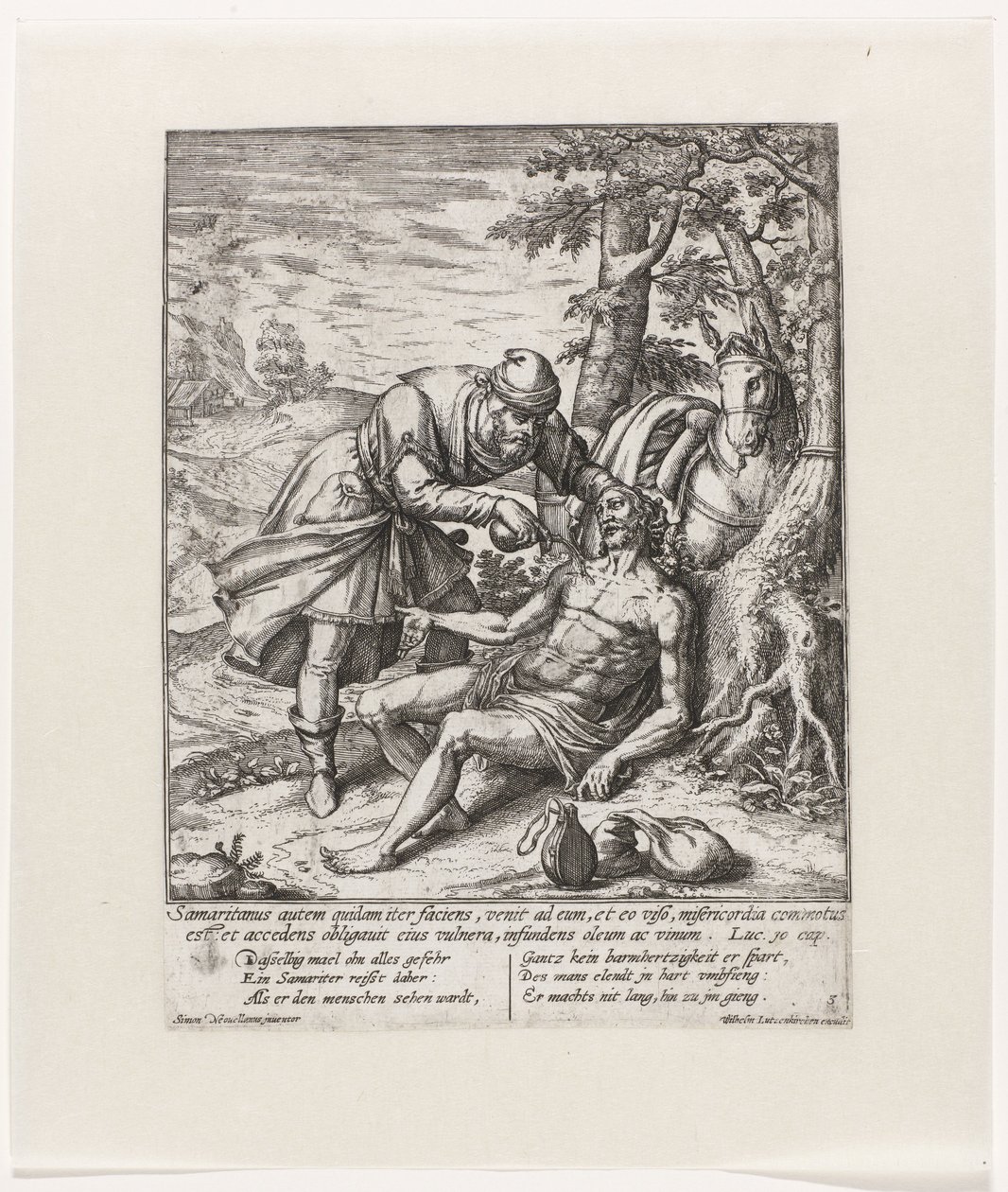 Der barmherzige Samariter versorgt die Wunden des überfallenen Reisenden von Symon Novelanus