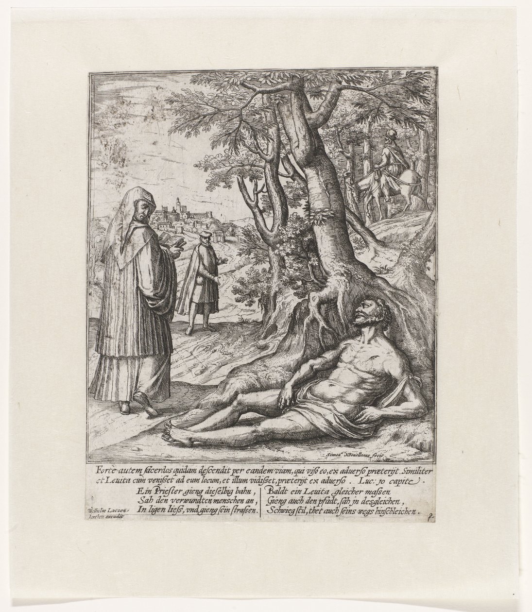 Ein Priester und ein Levit gehen vorbei und lassen den verwundeten Reisenden liegen von Symon Novelanus