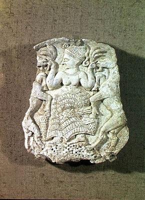 Deckel einer Pyxis, die die Herrin der Tiere zeigt, wie sie zwei wilde Ziegen füttert, ca. 1200-1150 von Syrian Syrian