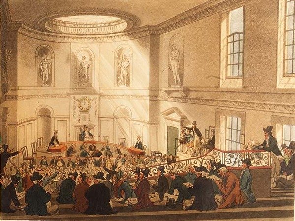 India House, der Verkaufsraum, veröffentlicht von Ackermann von T. and Pugin A.C. Rowlandson