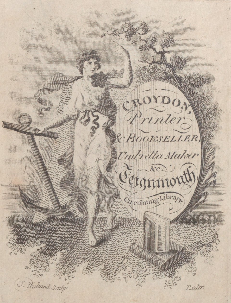 Handelskarte für Croydon, Drucker, Buchhändler und Schirmmacher, 19. Jahrhundert von T. Rickard