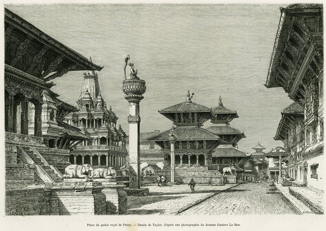 Platz des Königspalastes von Patan (heutiges Lalitpur). Gravur von Taylor zur Illustration der Geschichte Voyage au Nepal, von Dr. Gustave Le Bon (1841-1931), in Le Tour du monde 1886, unter der Leitung von Edouard Charton (1807-1890), Hachette, Paris. von T Taylor