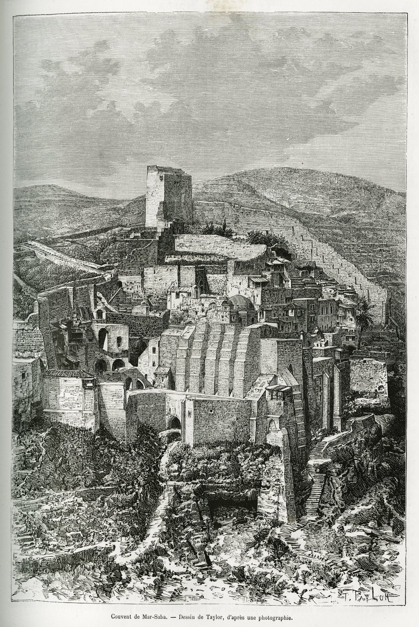 Das Kloster Mar-Saba (Mar Saba) (Palästina). Taylors Gravur, um die Geschichte von Syrien heute zu illustrieren, von M. Lortet, Dekan der Medizinischen Fakultät von Lyon, beauftragt mit einer wissenschaftlichen Mission durch das Bildungsministerium, veröff von T Taylor