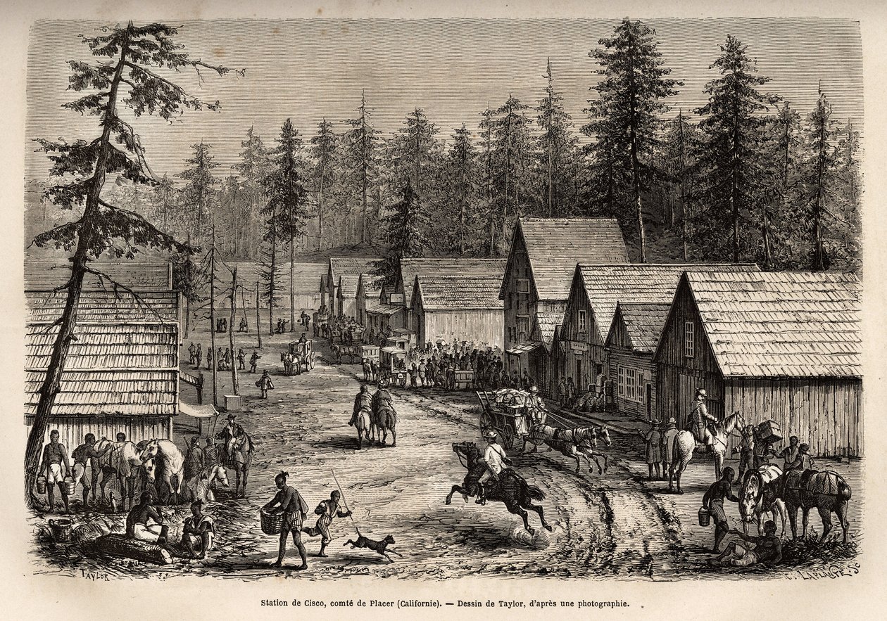 Der Bahnhof von Cisco, Graf von Placer (Nevada), wo man den Expresszug der Pacific Railway (Pacific Railway) nehmen kann, graviert nach Taylors Zeichnung, zur Illustration der Reise von Washington nach San Francisco im Jahr 1868, von L. Simonin, veröffentl von T Taylor