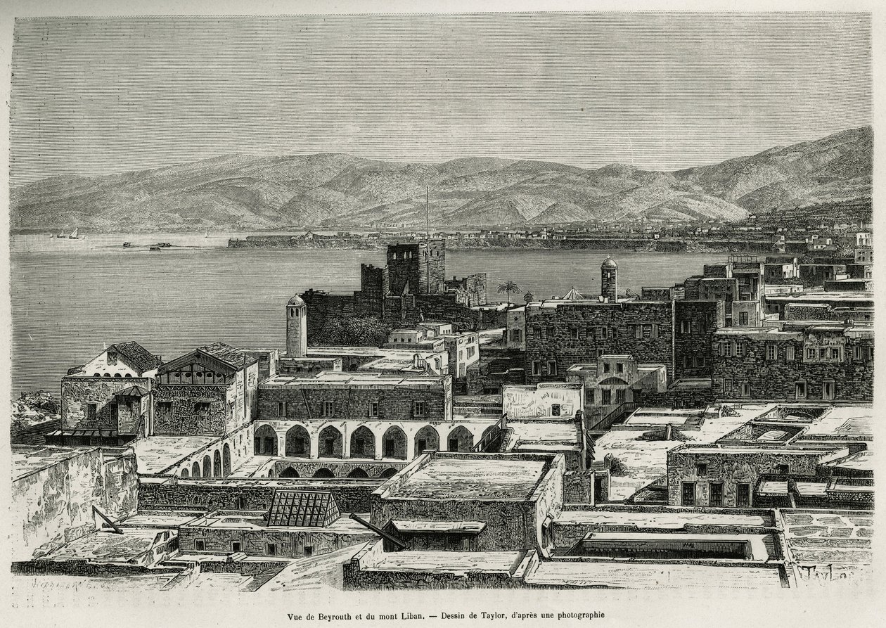 Ansicht von Beirut und dem Libanongebirge, Gravur nach einer Zeichnung von Taylor, zur Illustration der Geschichte von Syrien heute von Mr. Lortet, Dekan der Medizinischen Fakultät von Lyon, im Auftrag des Ministeriums für öffentliche Bildung, 1875-1878, v von T Taylor