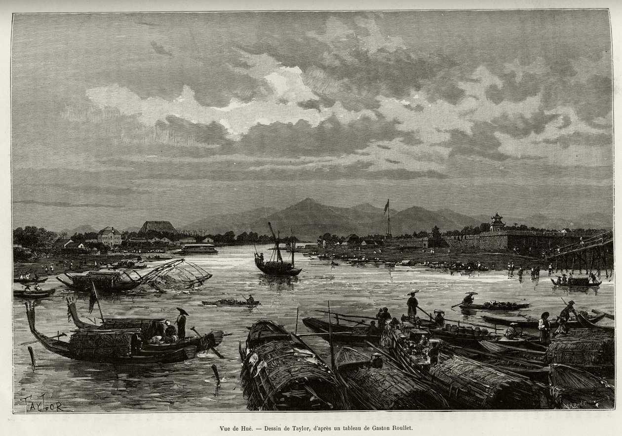 Ansicht von Hue (Vietnam), mit Beschreibung der Navigation auf dem Song Huong Fluss und der Thien Mu Pagode, hinter den Umfassungsmauern. Gravur von Taylor, zur Illustration der Geschichte 