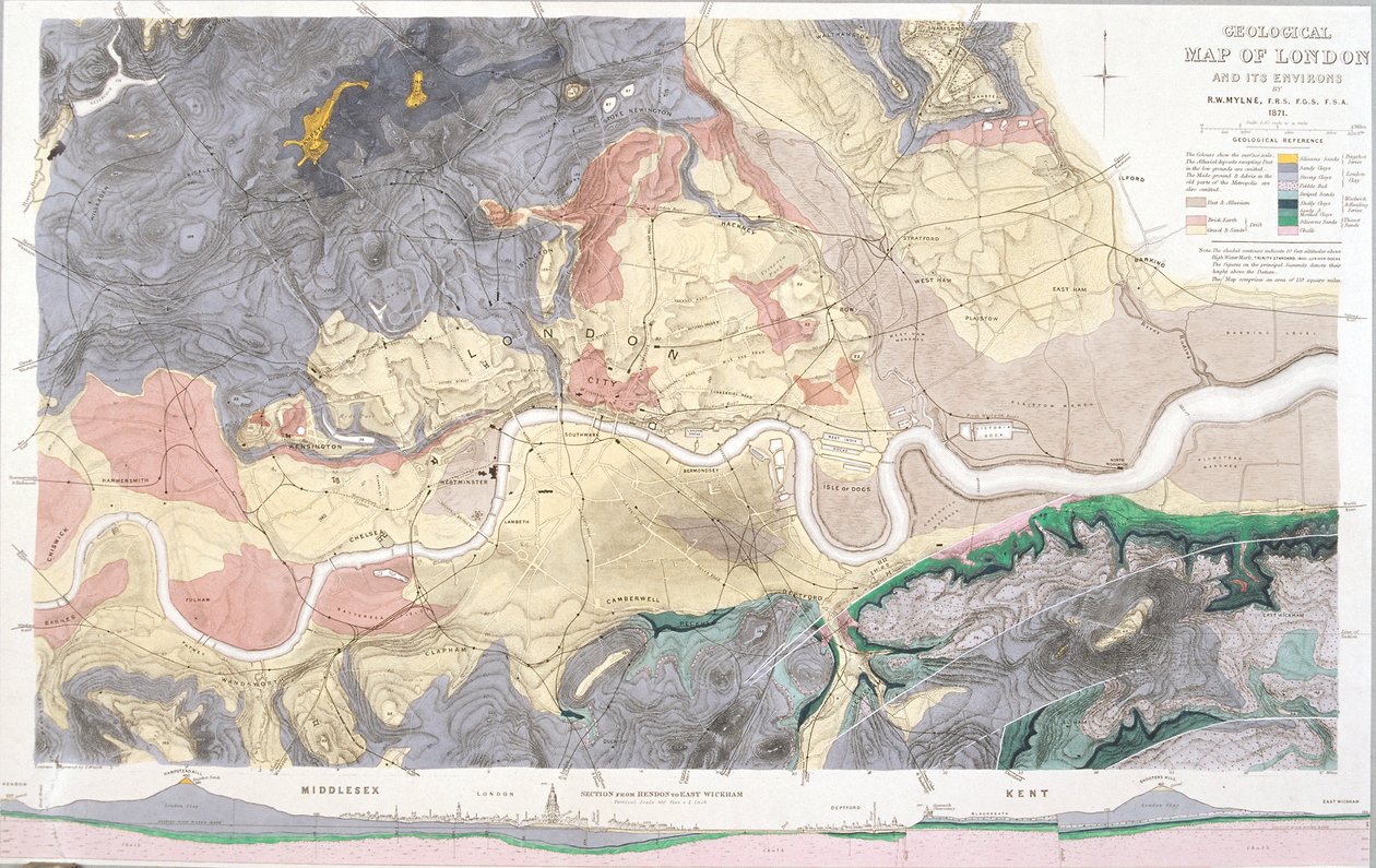 Geologische Karte von London und Umgebung, 1871 von T Walsh