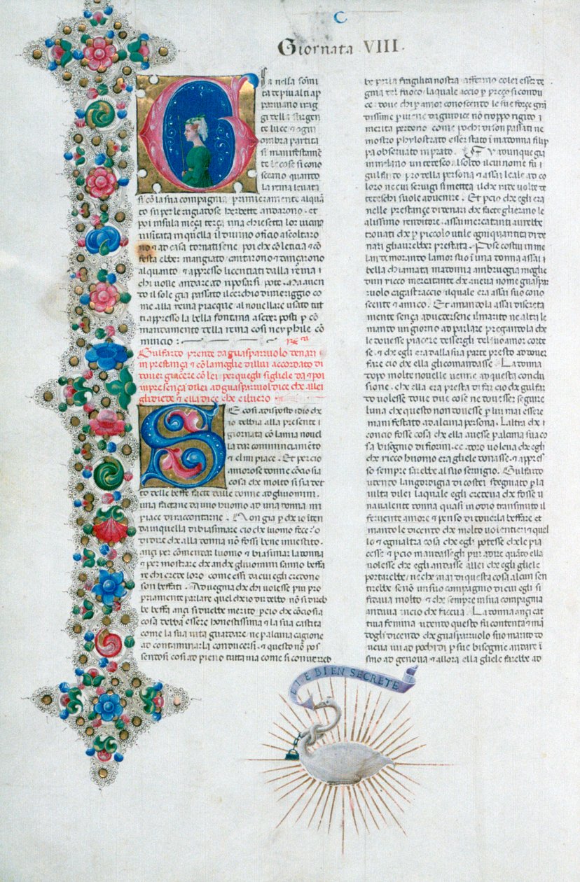Illuminierte Manuskriptseite aus Decameron, von Giovanni Boccaccio, Italienisch, ca. 1467 von Taddeo Crivelli