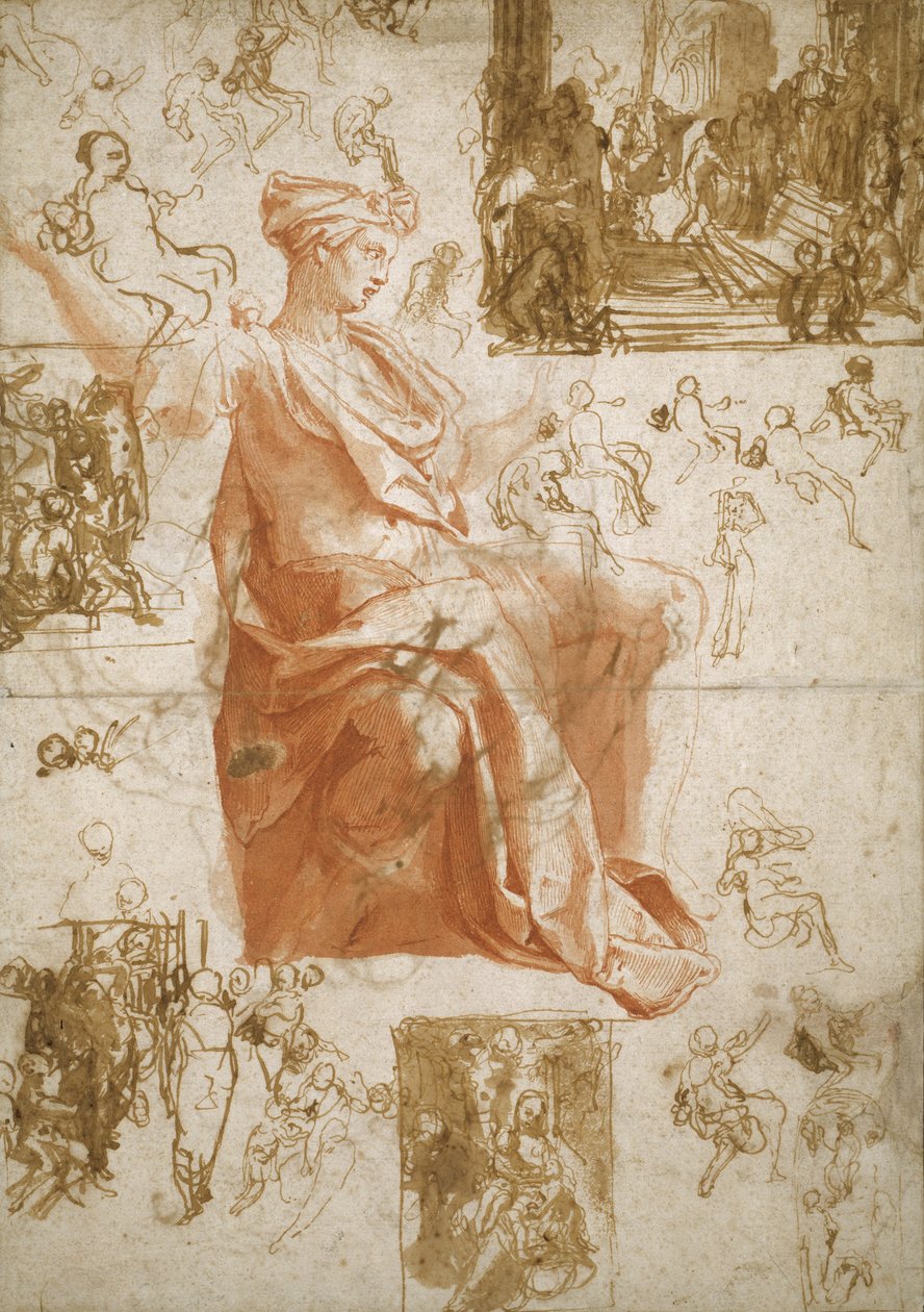 Blatt mit Studien für die Blendung des Elymas, Opfer in Lystra und eine Heilige Familie, ca. 1558 von Taddeo Zuccaro