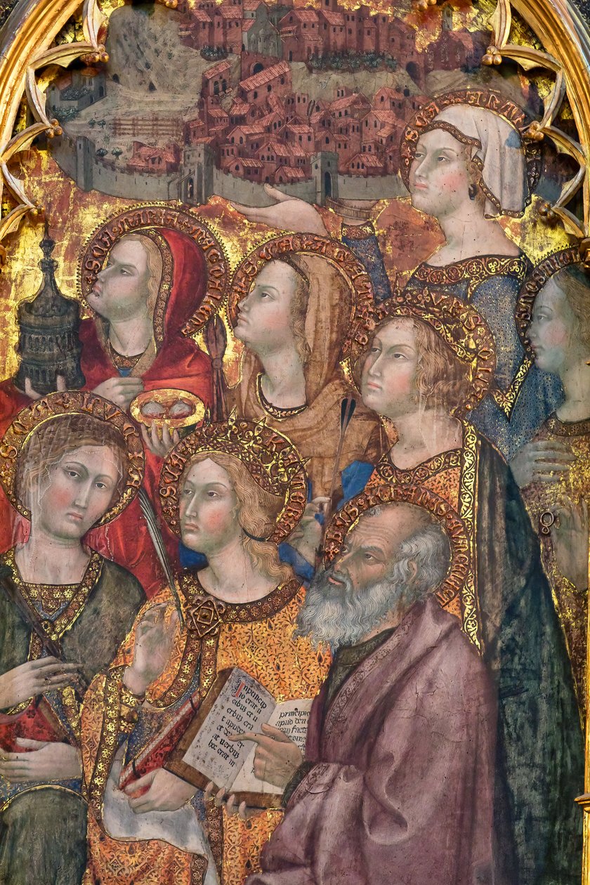 Verschiedene Heilige, die die Madonna anbeten, Triptychon der Himmelfahrt von Taddeo di Bartolo