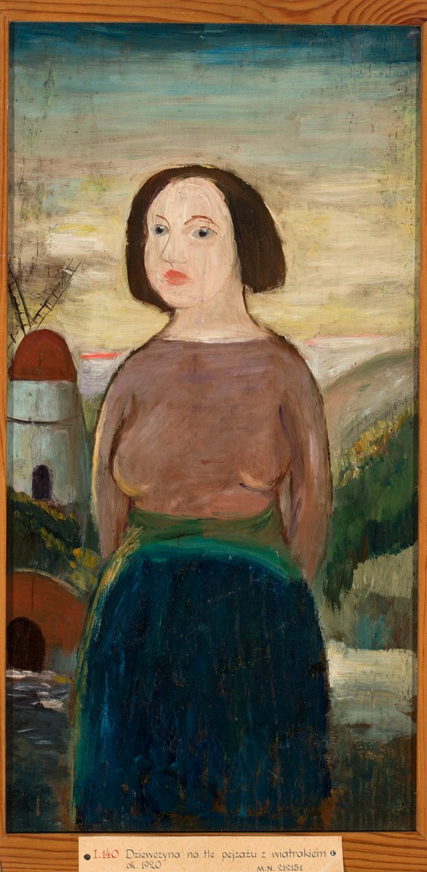 Mädchen vor einer Landschaft mit Windmühle von Tadeusz Makowski