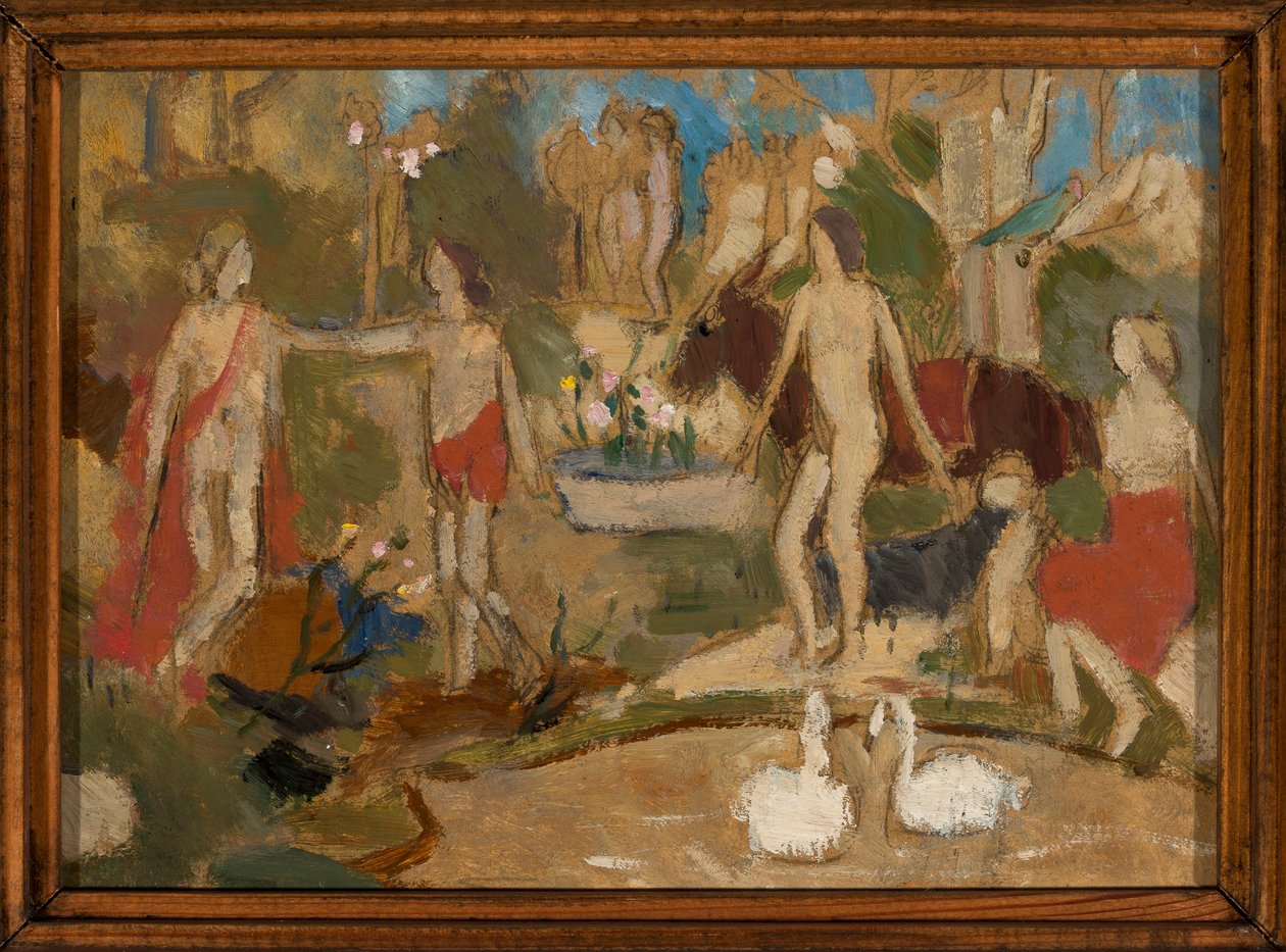 Gartenszene mit Figuren und Schwänen von Tadeusz Makowski